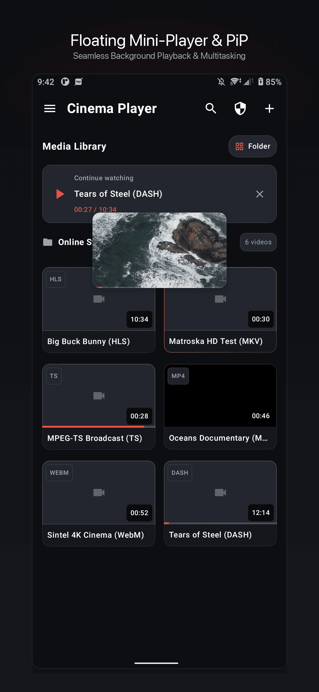 Cinema Player HD draggable mini player with gesture guide overlay