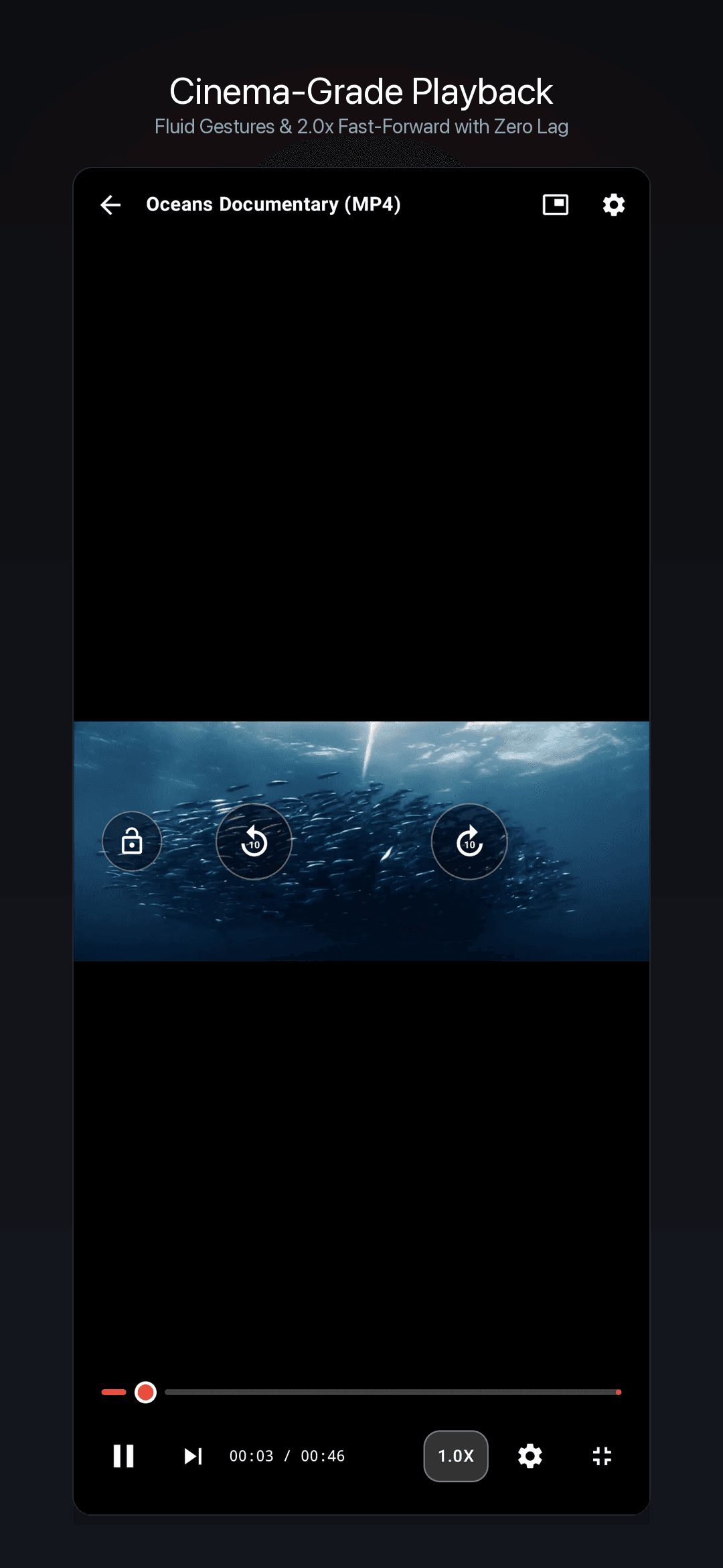Cinema Player HD 4K video playback interface with scrubber and technical badges