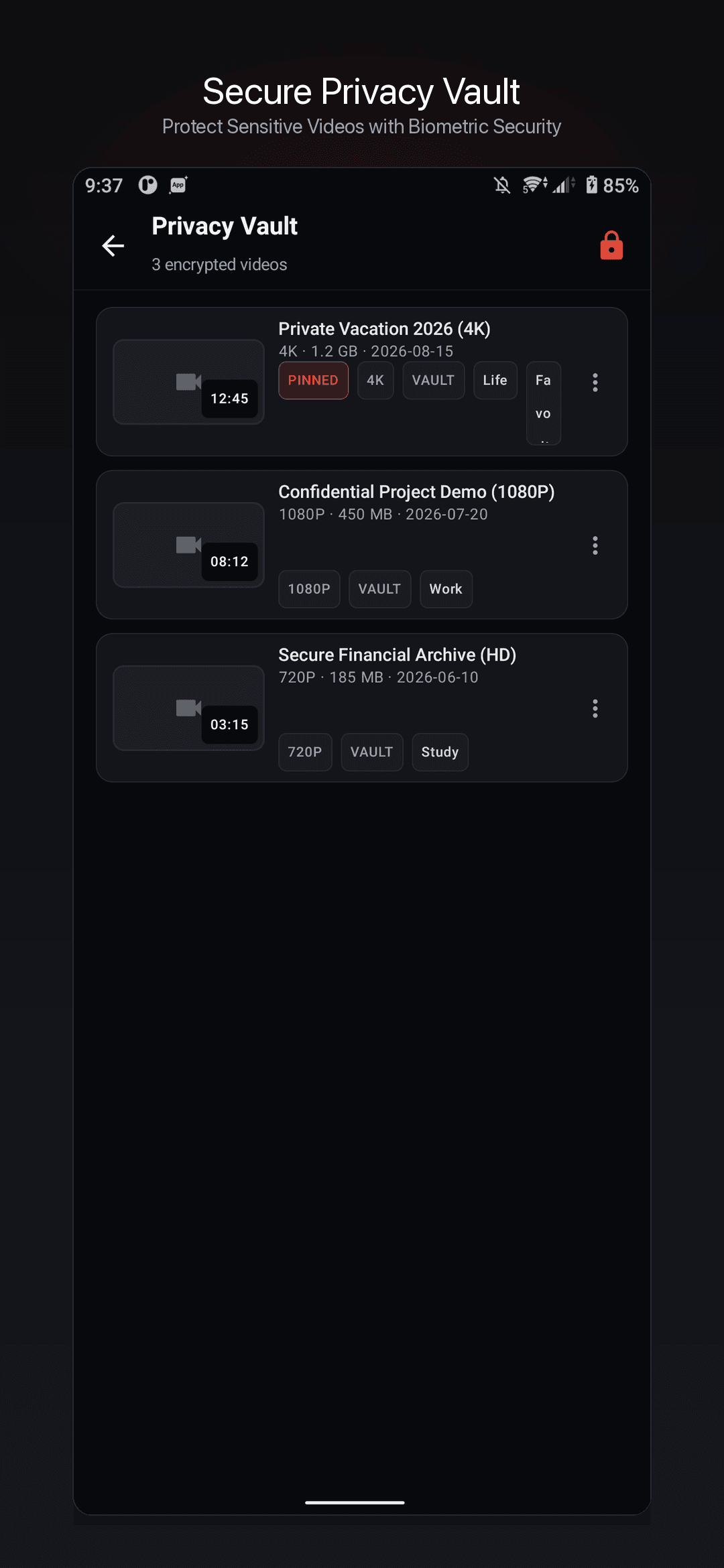 Cinema Player HD biometric privacy vault screen showing hidden video list